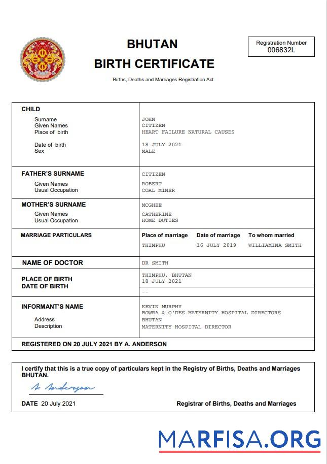 Printable Bhutan vital record birth certificate Word and PDF template